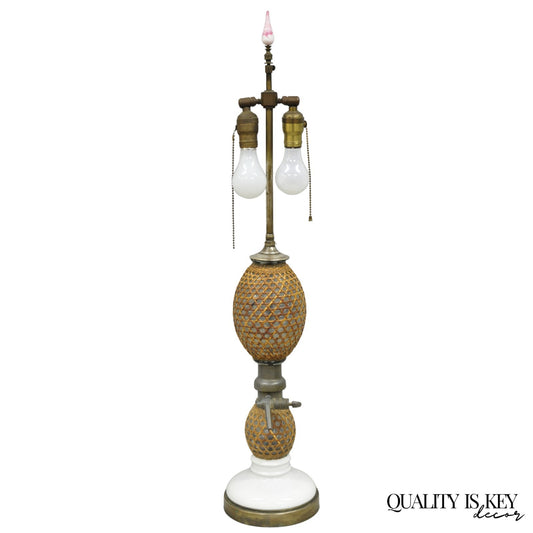 Antique French Victorian Rattan Wrapped Blown Glass Seltzer Bottle Table Lamp