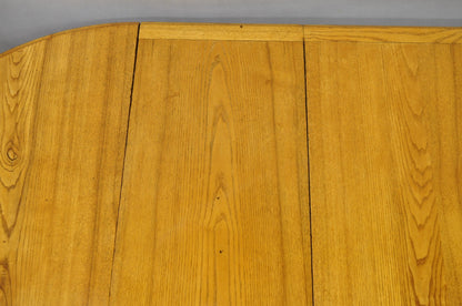 Antique English Victorian Oak & Elm Wood Round Extension Dining Table w 3 Leaves