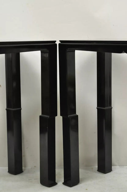 Chinese Ming James Mont Style Black Lacquer Sofa Hall Console Tables - Pair