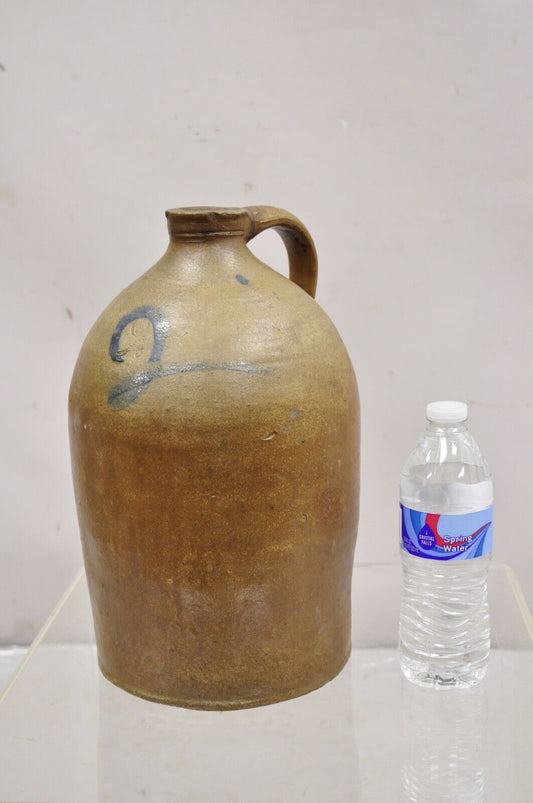 Antique Stoneware Pottery 2 Gallon Water Jug Pitcher Blue Paint Decorated "2"