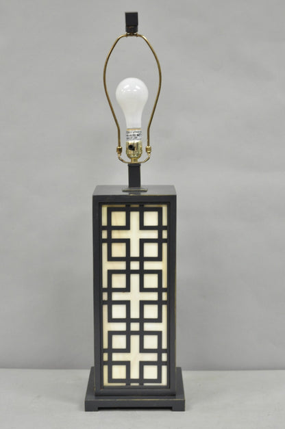 Contemporary Chinoiserie Stained Glass Brushed Metal Fretwork Design Table Lamp