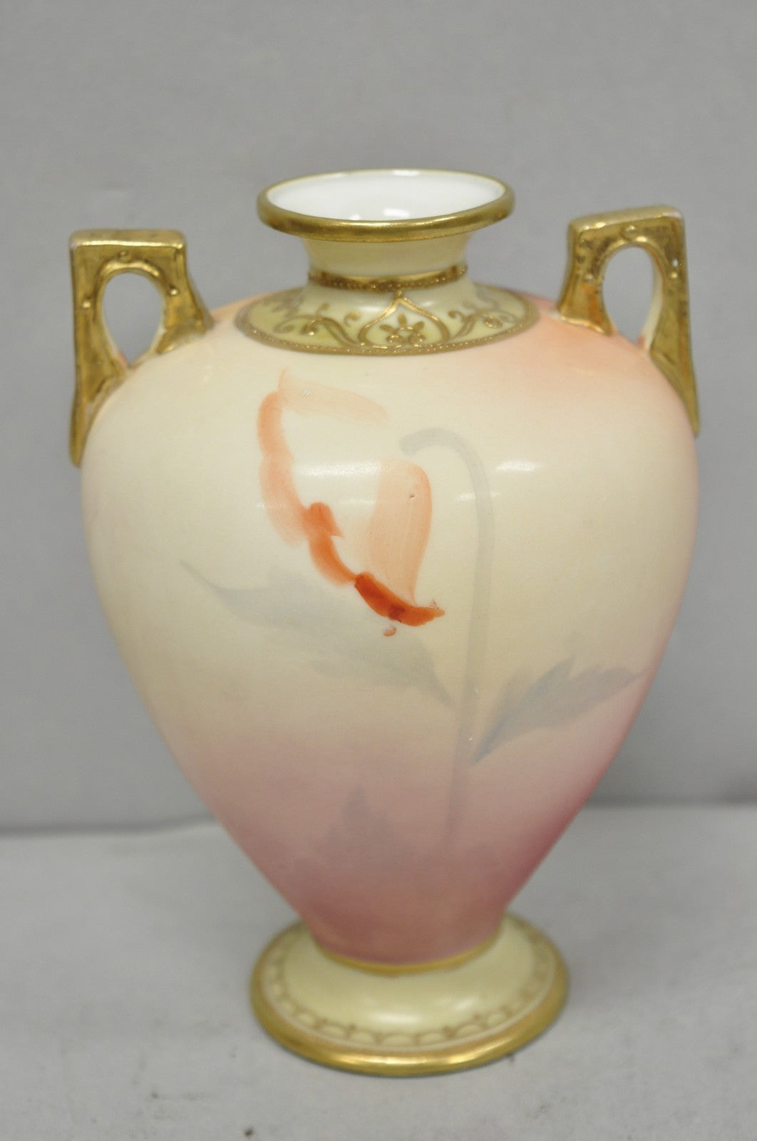 Antique Nippon Hand Painted Porcelain Small Pink Floral Vase w Gold Twin Handles