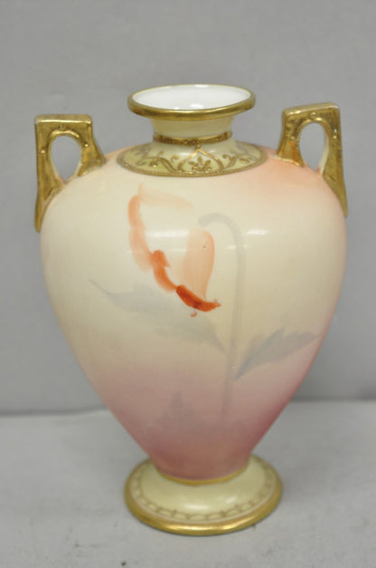 Antique Nippon Hand Painted Porcelain Small Pink Floral Vase w Gold Twin Handles