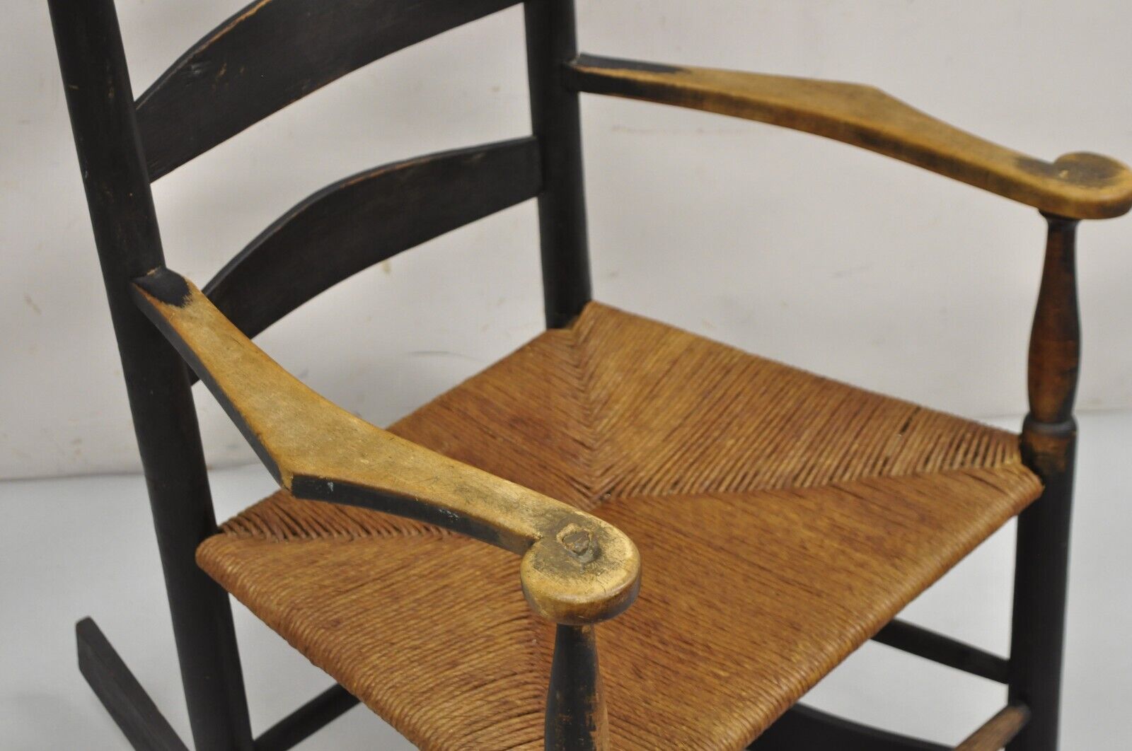 Antique American Primitive Shaker Ebonized Wood Rush Seat Rocker Rocking Chair