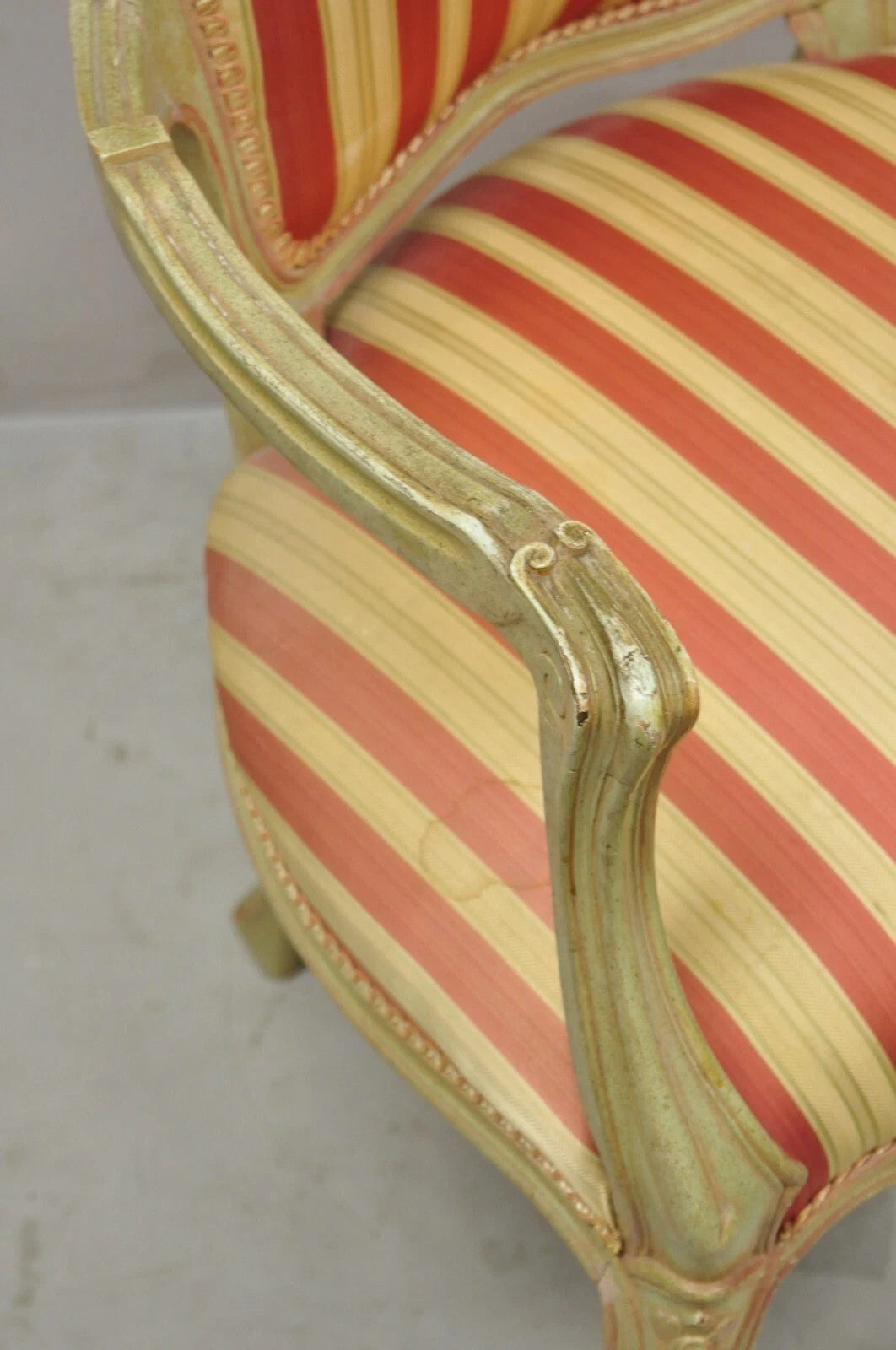 Vintage French Louis XV Style Green & Pink Painted Arm Chair w/ Striped Fabric