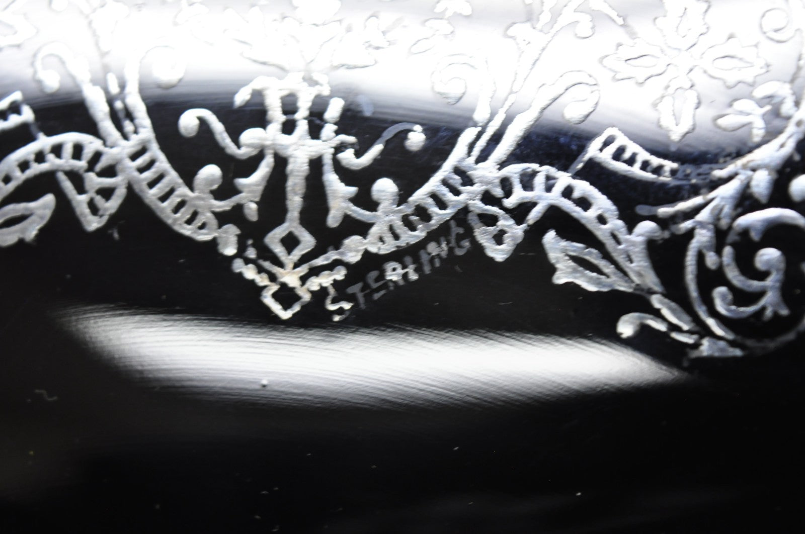 Vintage Rockwell Black Amethyst Glass Sterling Silver Overlay Centerpiece Dish