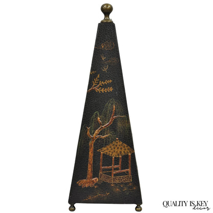 Castillian Imports Chinoiserie Black Lacquer Oriental Painted Obelisk Pyramid
