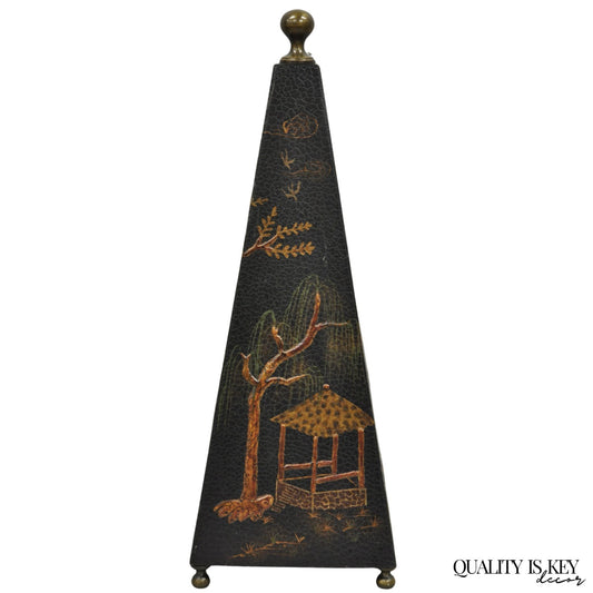 Castillian Imports Chinoiserie Black Lacquer Oriental Painted Obelisk Pyramid