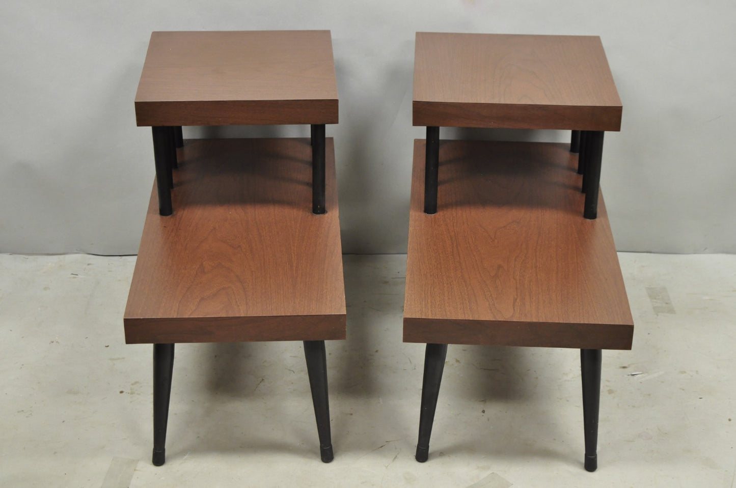 Vintage Mid Century Modern Two Tier Step Walnut Laminate Spindle End Table, Pair