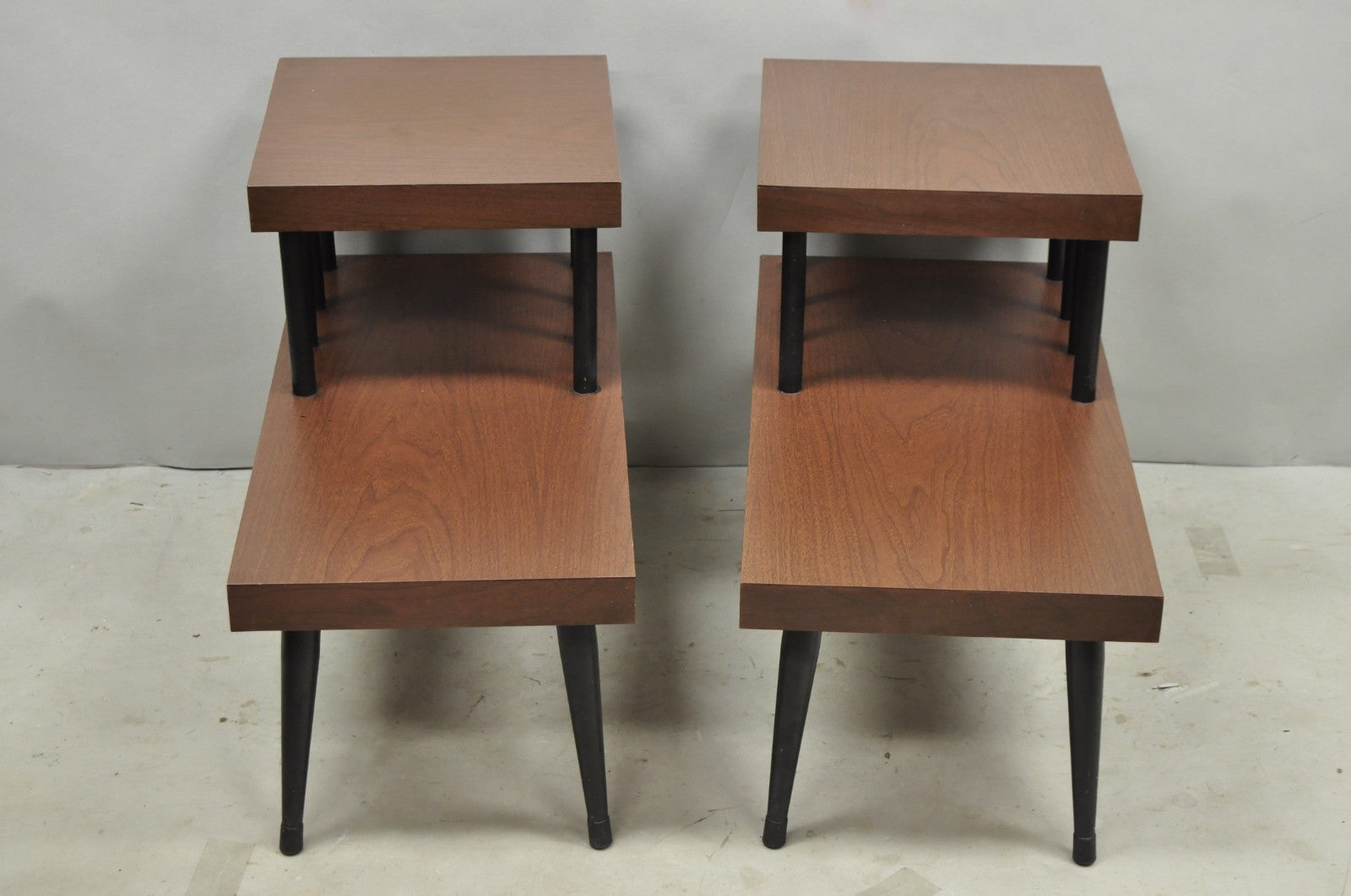 Vintage Mid Century Modern Two Tier Step Walnut Laminate Spindle End Table, Pair