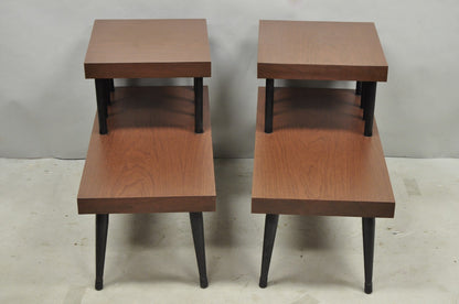 Vintage Mid Century Modern Two Tier Step Walnut Laminate Spindle End Table, Pair
