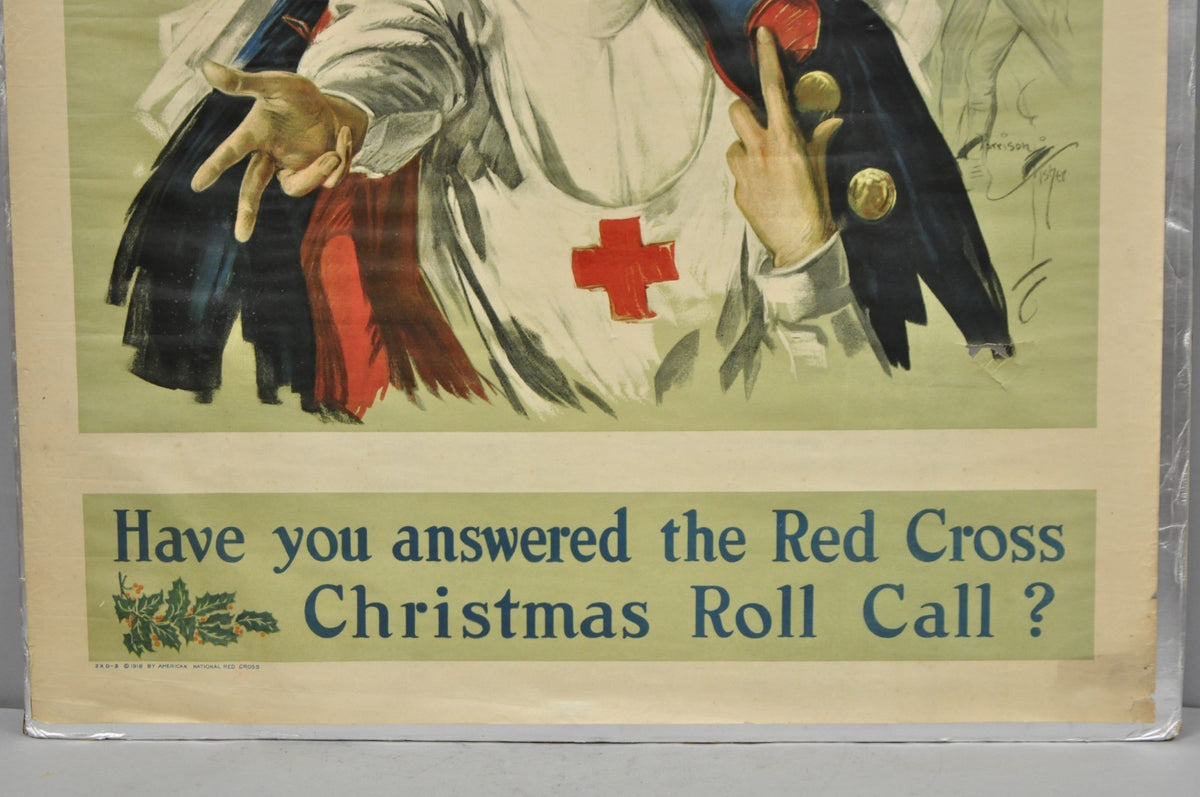 Original Vintage 1918 WWI Harrison Fisher Poster Red Cross Christmas Roll Call