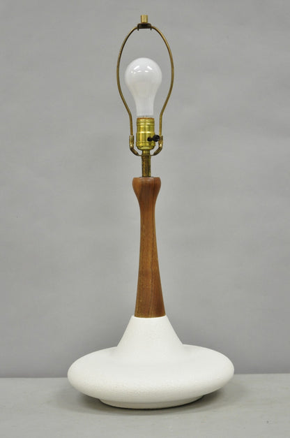 Vintage Mid Century Modern Atomic Era Teak Wood White Ceramic Pottery Table Lamp