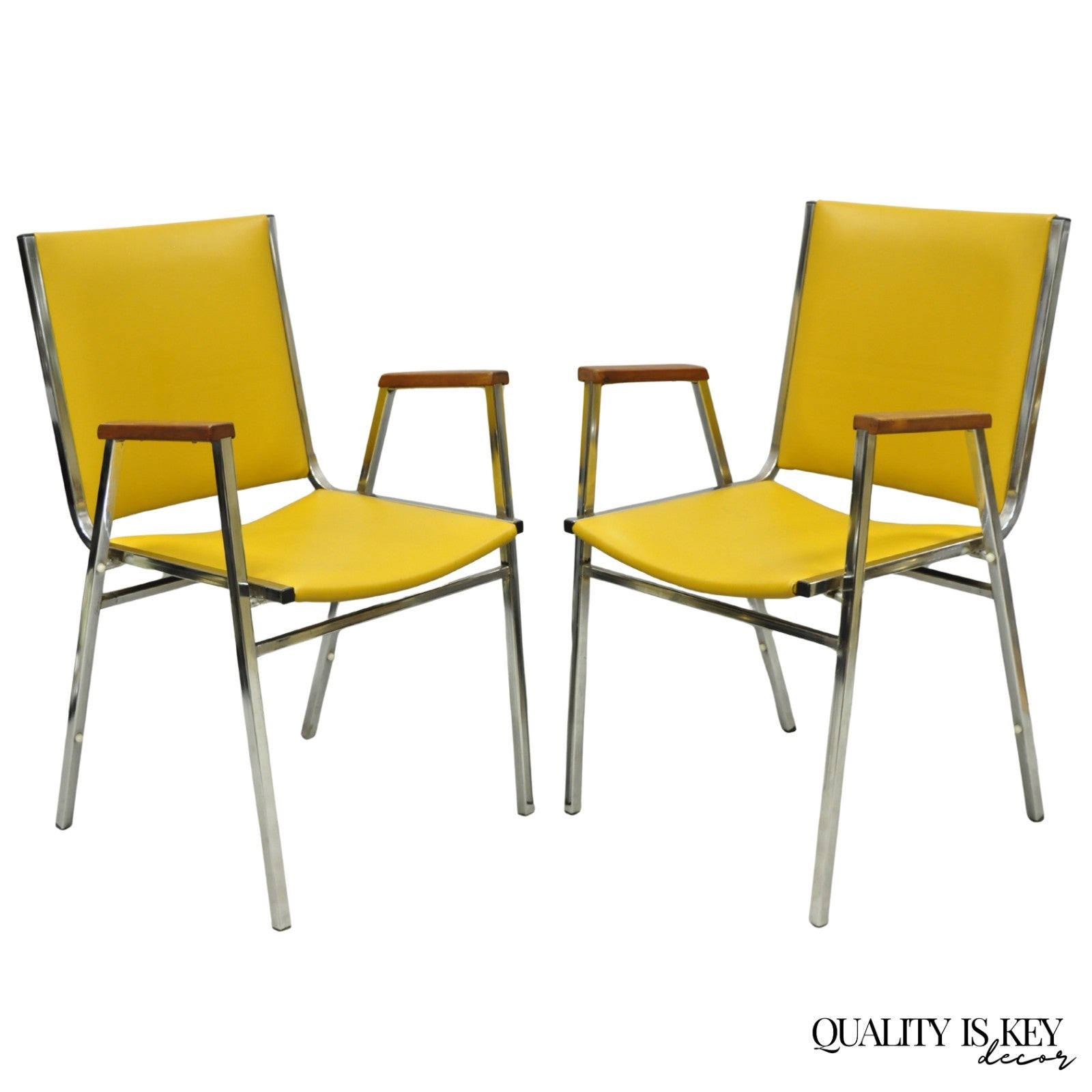 Vintage Nightingale Mid Century Modern Chrome & Yellow Vinyl Stacking Chair Pair