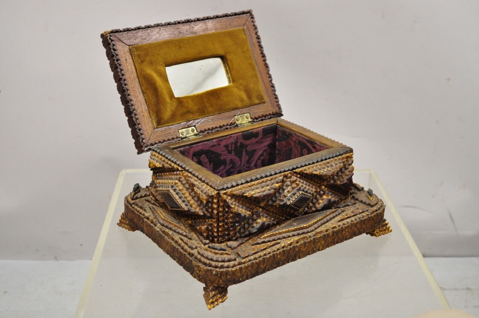 Antique Tramp Art Diamond 2 Tier Hinged Wood Jewelry Presentation Box
