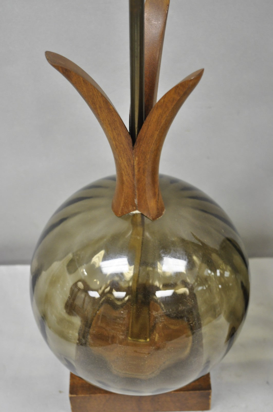 Vintage Mid Century Modern Ribbed Smoked Glass Orb Pineapple Table Lamps - Pair