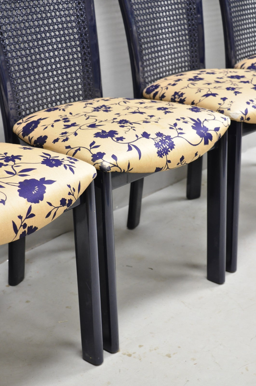 Vintage Italian Hollywood Regency Navy Blue Lacquer Cane Dining Chair - Set of 4