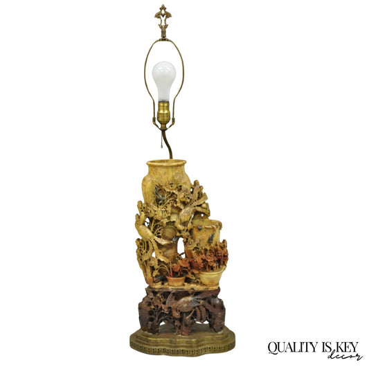 Antique Chinese Figural Carved Soapstone Large Table Lamp w/ Birds & Flowers