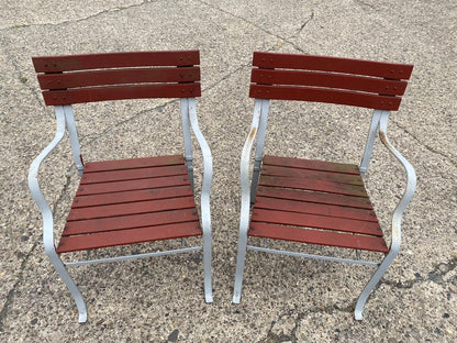 Vintage Wrought Iron Wood Slat French Style Garden Patio Outdoor Chairs - a Pair