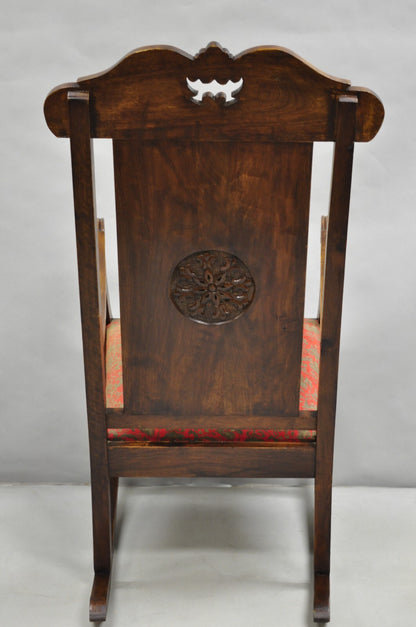 Vintage Anglo Indian Renaissance Style Carved Wood Rocker Rocking Chair