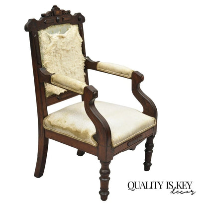 Antique Small Child's Eastlake Victorian Carved Walnut Distress Parlor Arm Chair