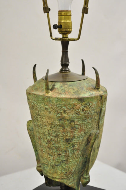 Vintage Thanh Le Vietnam Verdigris Bronze Siamese Buddha Bust Head Table Lamp