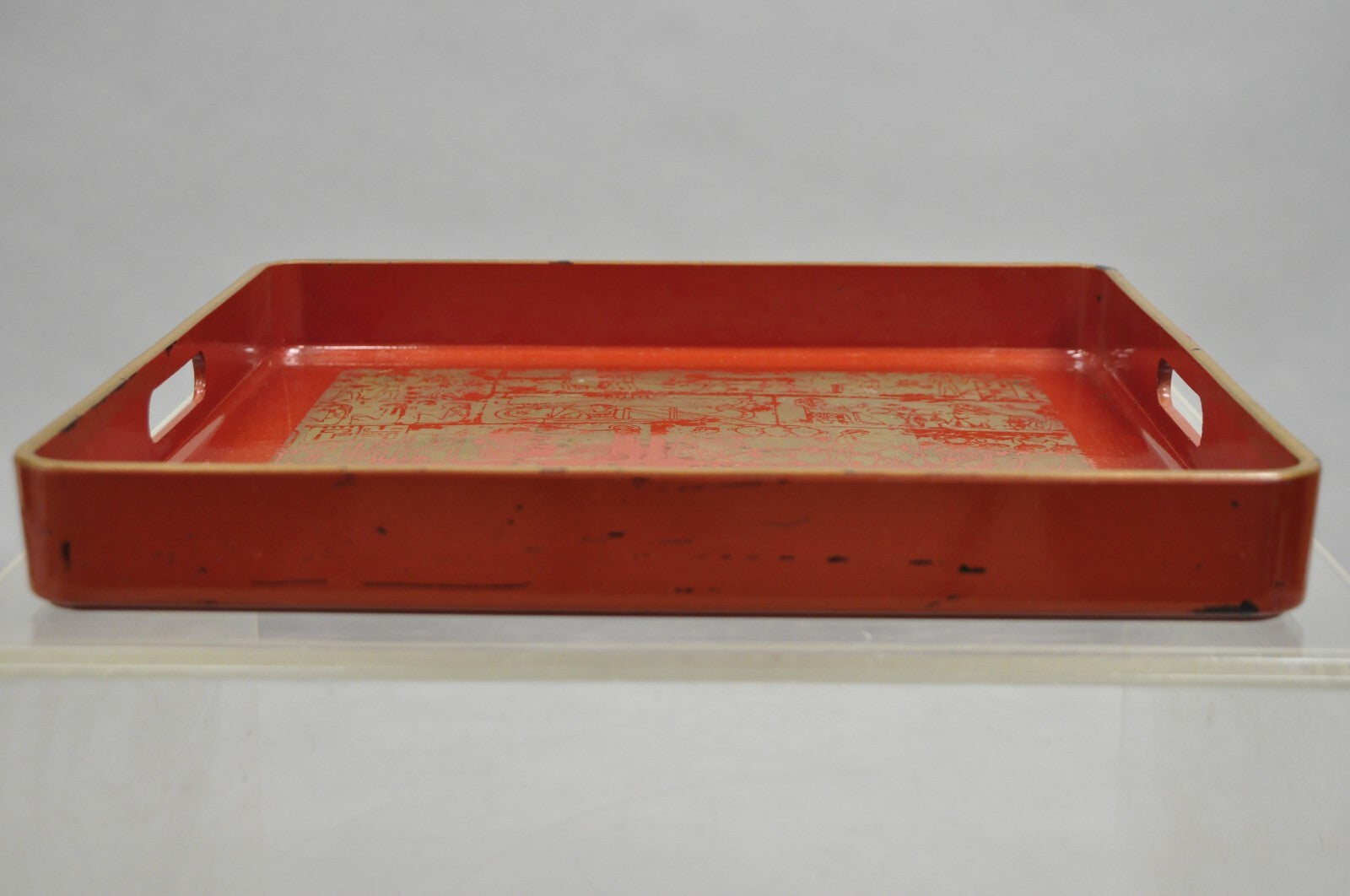 Red Lacquered Wood Ancient Egyptian Hieroglyphic Gold Papyrus Square Bar Tray