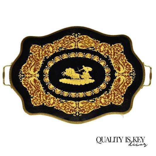 Vintage Italian Lacquered Wood and Brass Chariot Marquetry Inlay Serving Tray