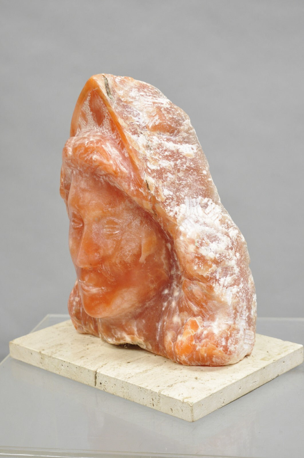 Orange Alabaster "Native American Woman" Bust Sculpture on Travertine Base