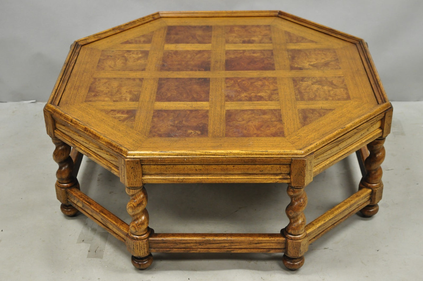 Vintage Baker Barley Twist Oak & Burlwood Parquetry Octagonal Coffee Table