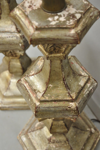 Italian Hollywood Regency Silver Carved Giltwood Candlestick Table Lamps a Pair