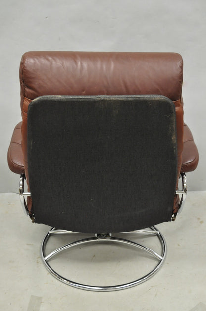 Vintage Ekornes Stressless Brown Leather Reclining Swivel Lounge Chair & Ottoman