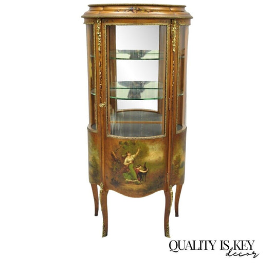 Antique French Louis XV Style Small Bowed Glass Painted Curio Display Cabinet