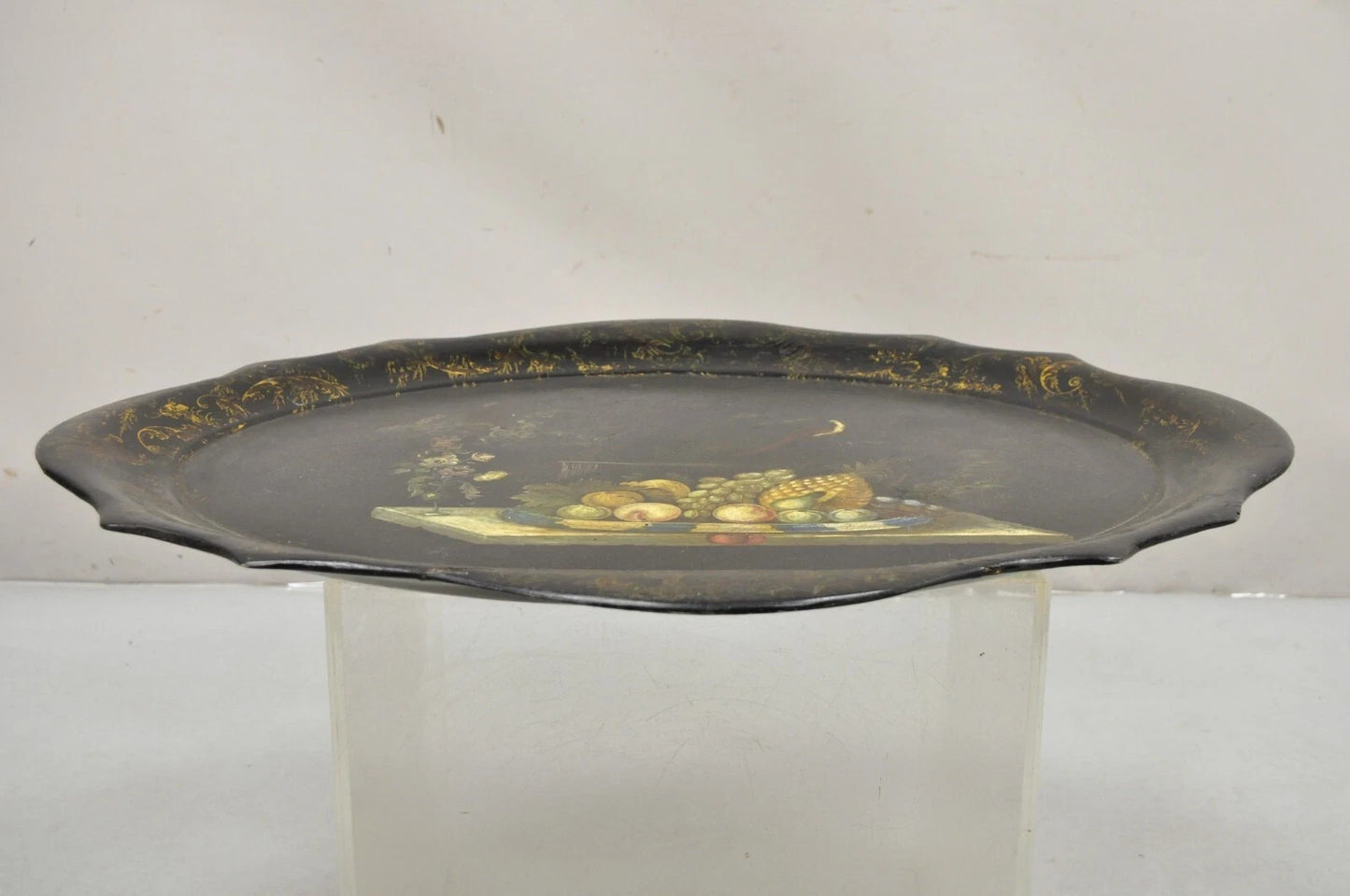 Antique French Papier Mache Tole Hand Painted Fruit Still Life and Bird Tray