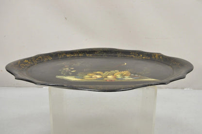 Antique French Papier Mache Tole Hand Painted Fruit Still Life and Bird Tray