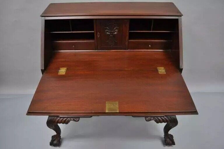 Georgian Chippendale Style Mahogany Block Front Shell Carved Secretary Desk