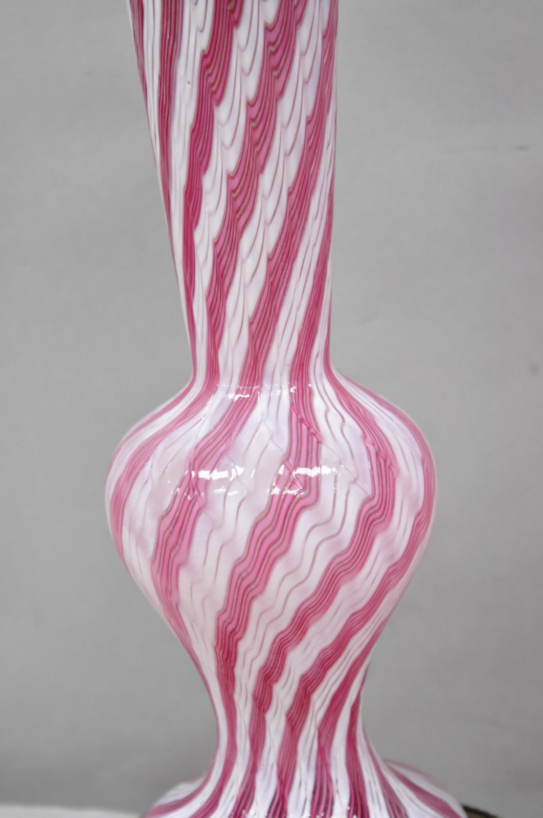 Vintage Italian Latticino Murano Pink Ribbon Swirl Glass Small Table Lamp - Pair