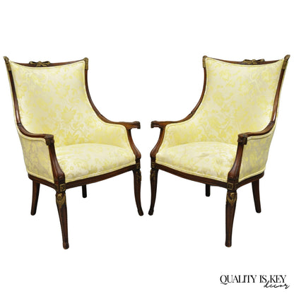 Vintage French Hollywood Regency Carved Mahogany Parlor Lounge Chairs - a Pair
