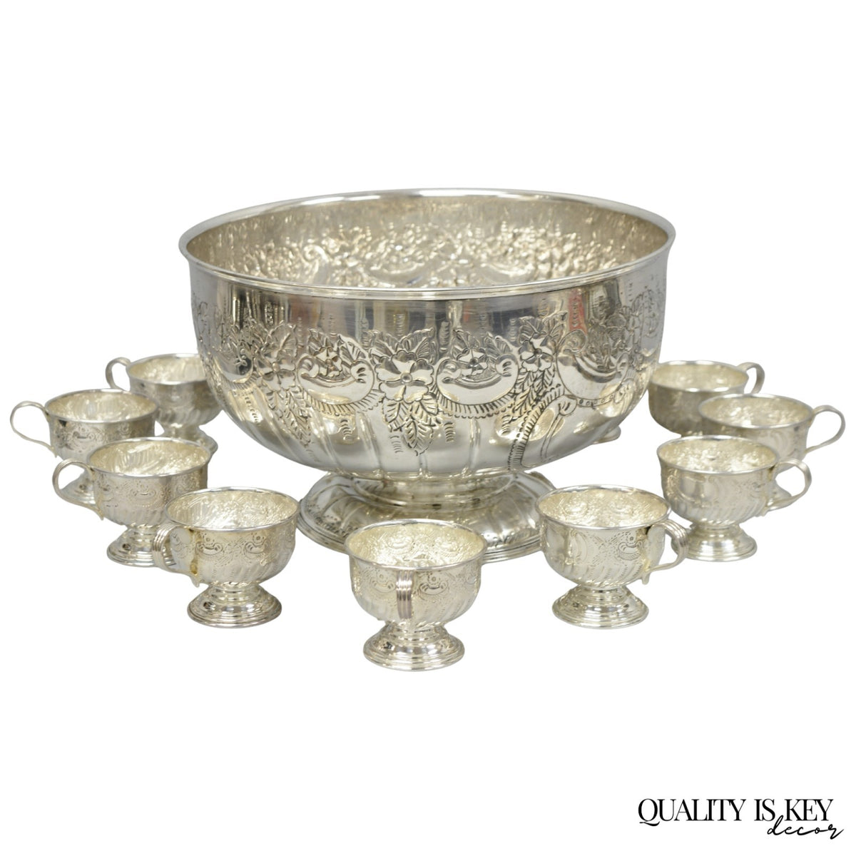 Vintage English Sheffield Kentshire Silver Plated Punch Bowl Set w 12 Footed Cup