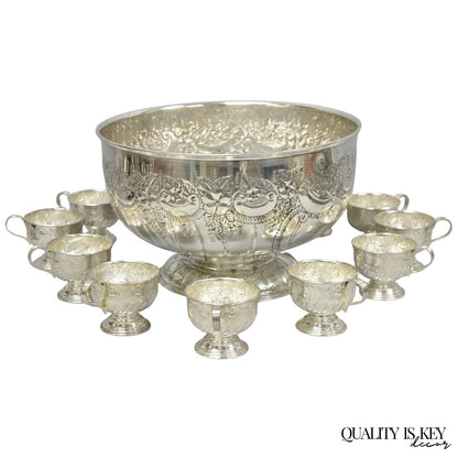 Vintage English Sheffield Kentshire Silver Plated Punch Bowl Set w 12 Footed Cup