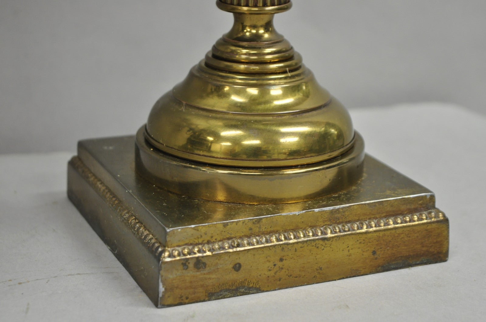 Vintage French Country Tole Metal Shade Brass Column Candelabra Table Lamps Pair