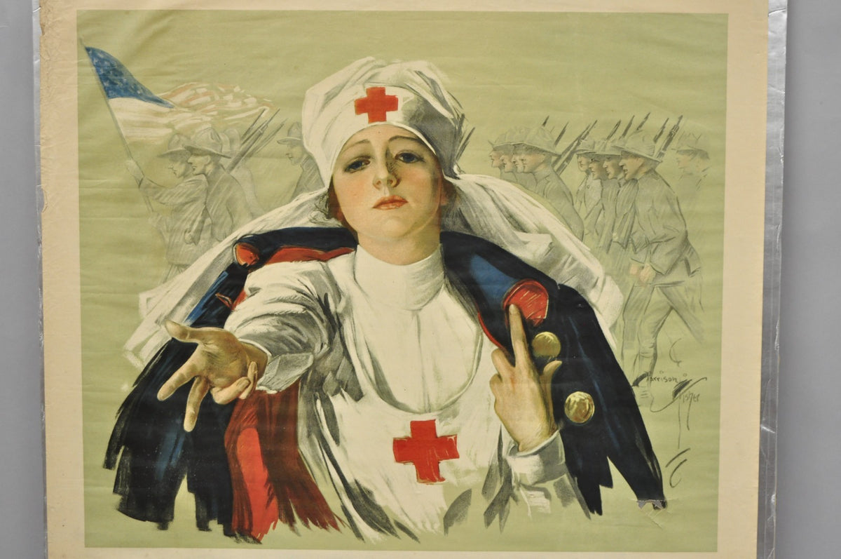 Original Vintage 1918 WWI Harrison Fisher Poster Red Cross Christmas Roll Call