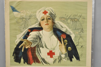 Original Vintage 1918 WWI Harrison Fisher Poster Red Cross Christmas Roll Call