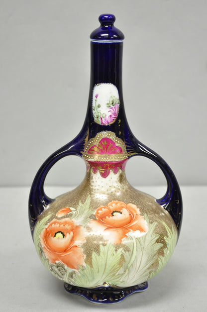 Antique Royal Nippon Hand Painted Nishiki Cobalt Blue Floral Vase With Stopper