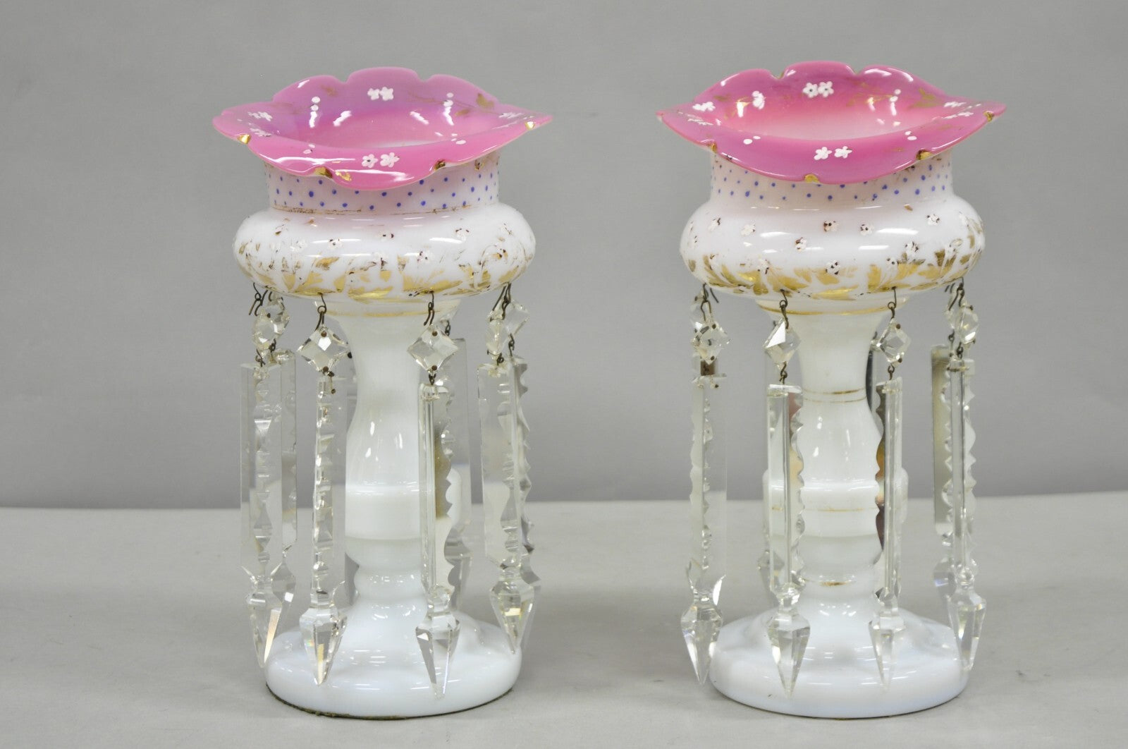 Antique Czech Victorian Bohemian Pink White Mantel Lusters Lustres - a Pair