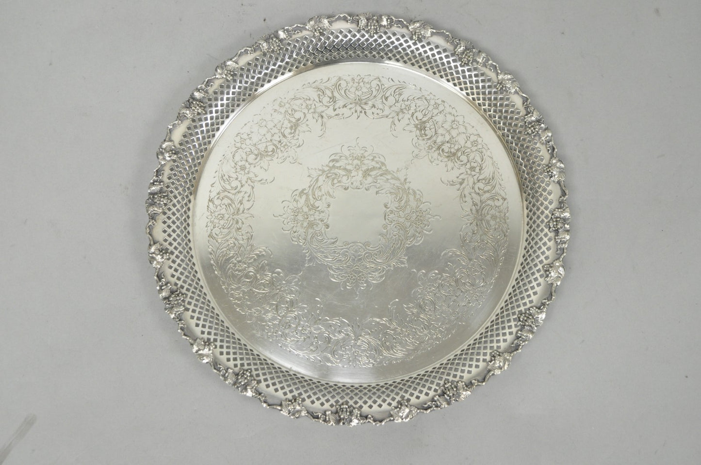 Vintage EG Webster & Son Silver Plated Grapevine Round Bar Serving Platter Tray
