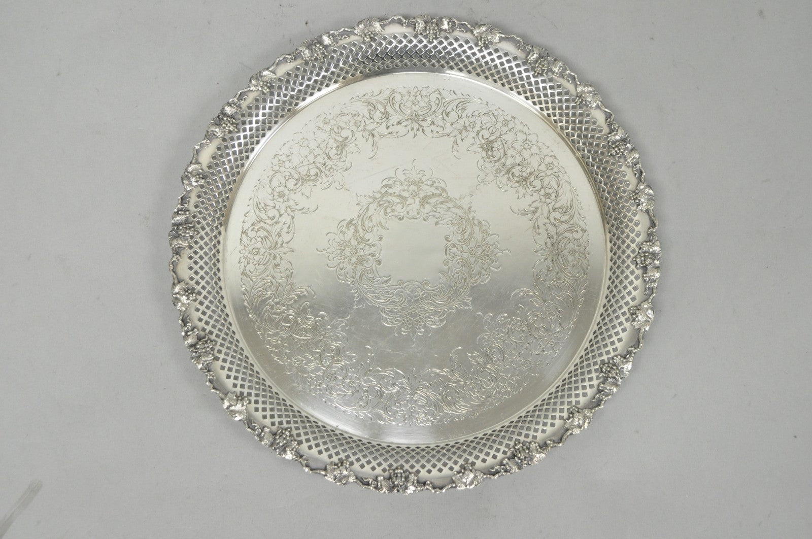 Vintage EG Webster & Son Silver Plated Grapevine Round Bar Serving Platter Tray