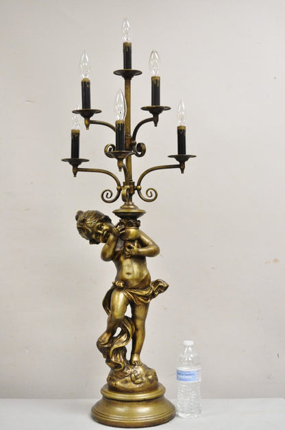 Vintage French Renaissance Metal Figural Girl Cherub Putti Candelabra Table Lamp