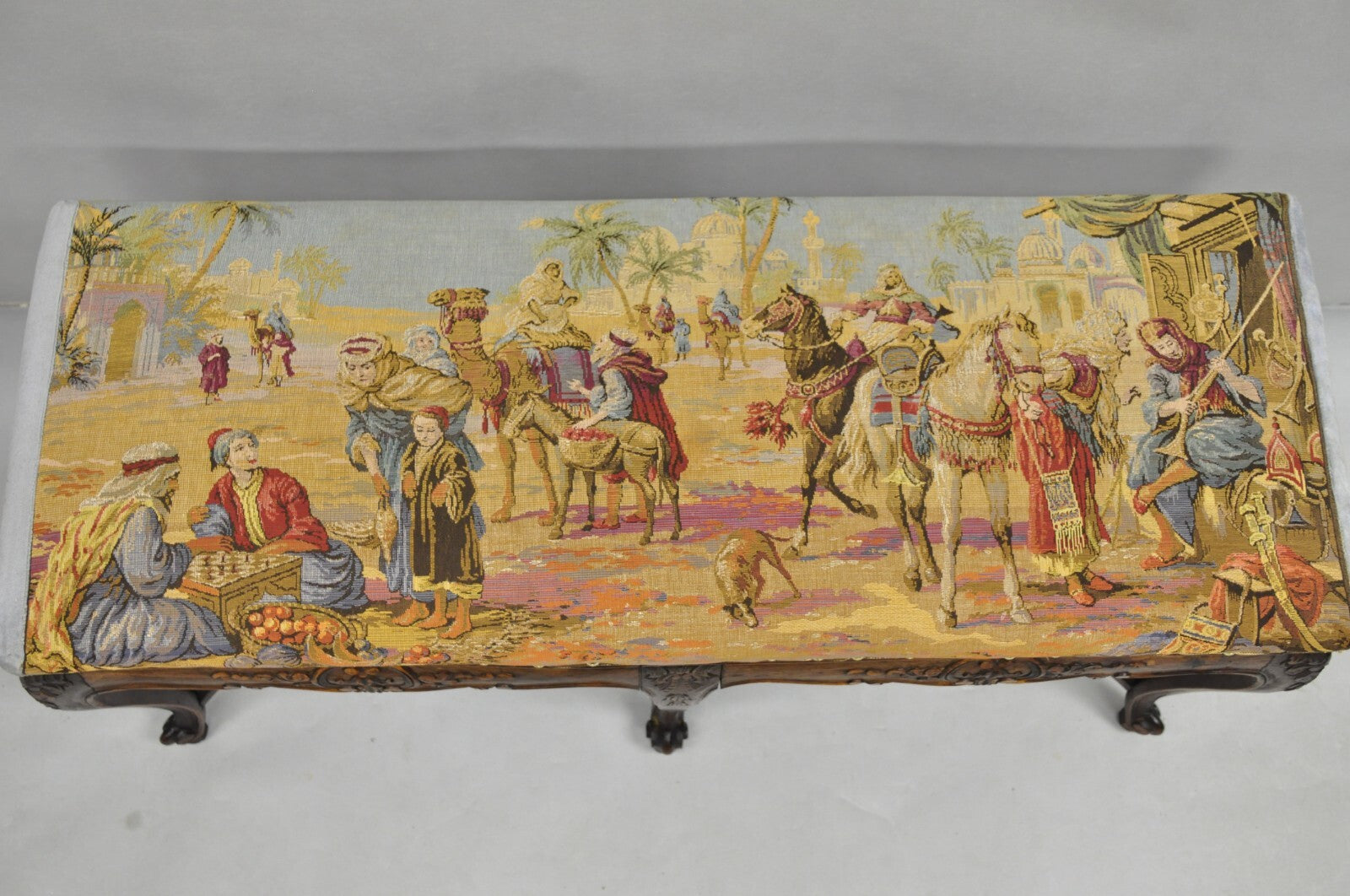Vintage French Country Louis XV Style Walnut Bench w/ Arabian Market Tapestry
