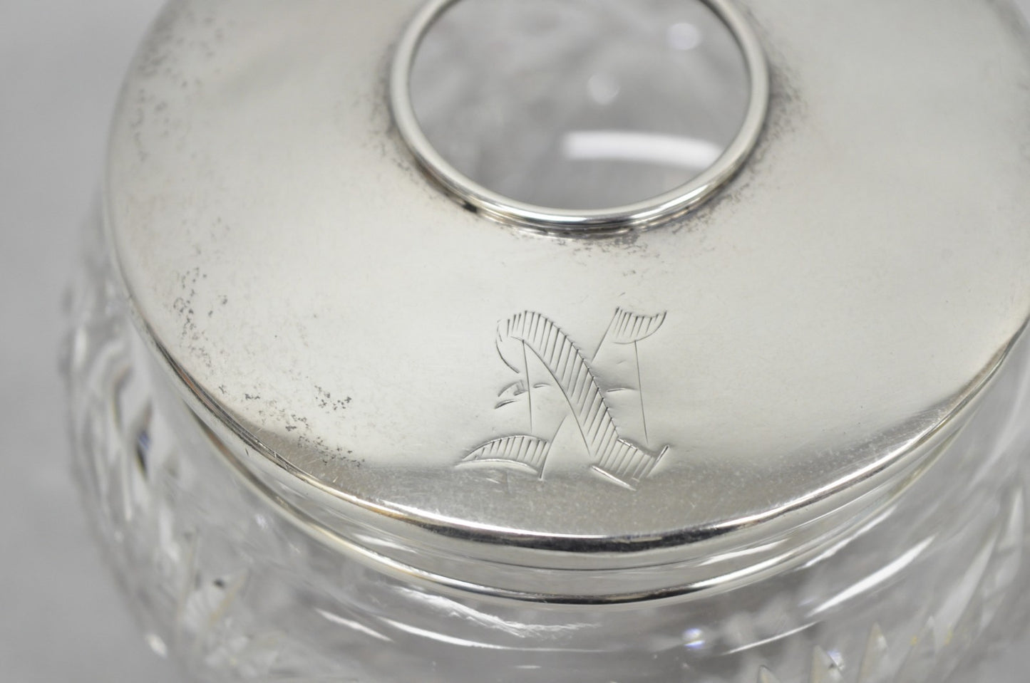 Antique Victorian Sterling Silver Crystal Glass Vanity Hair Receiver "N" Mono